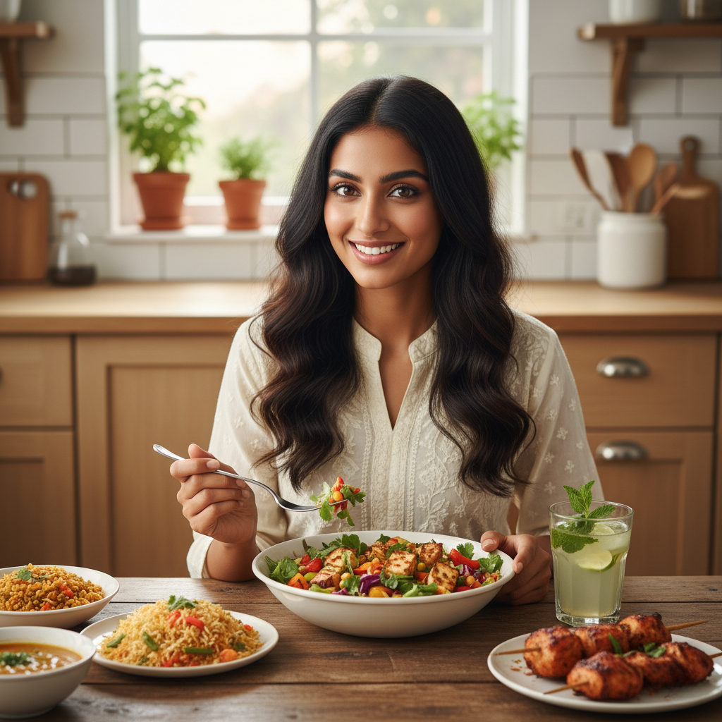 Woman enjoying a high-protein meal with grilled chicken, rice, and vegetables, representing balanced nutrition and healthy protein foods for fitness and wellness.