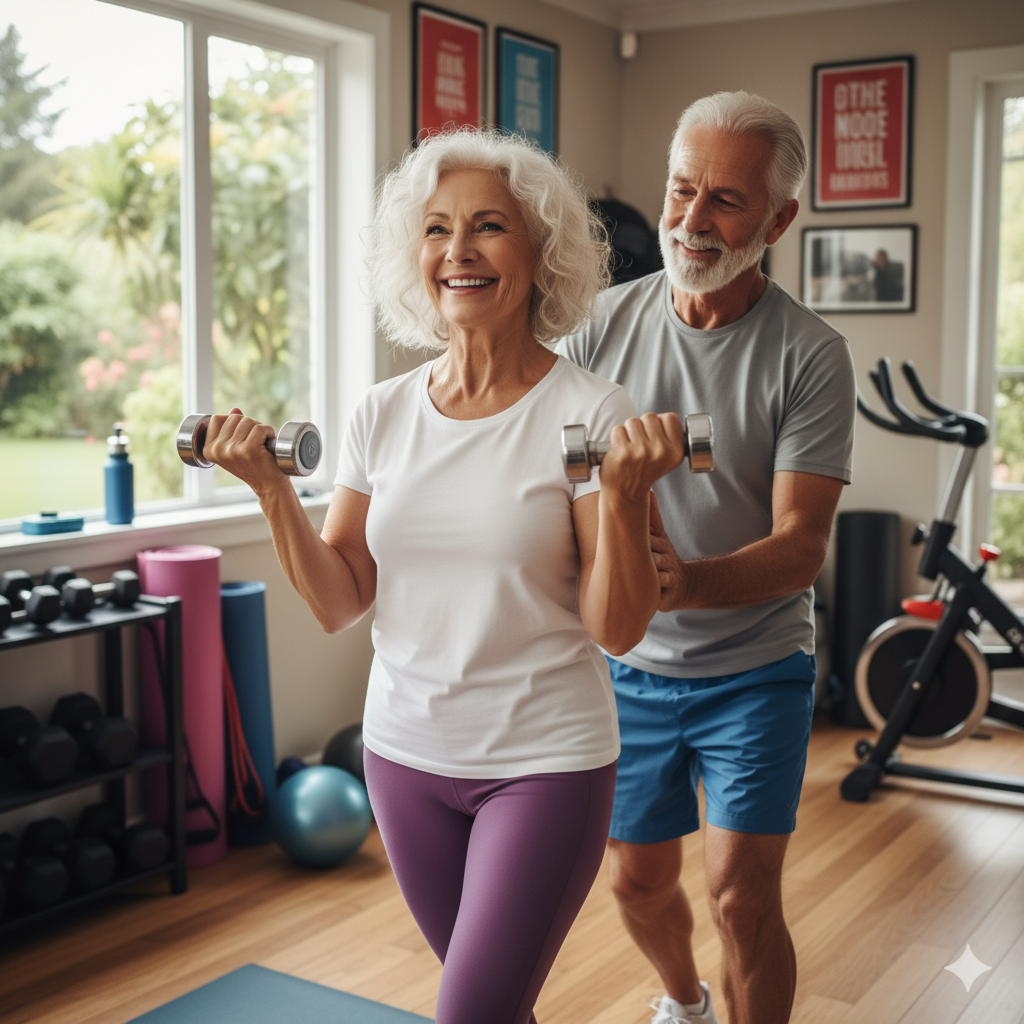 Older couple training together with dumbbells at home, showing consistency, motivation, and fitness for healthy aging.