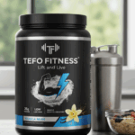 A Tefo Fitness protein powder container labeled vanilla bean sits on a kitchen counter next to a shaker bottle and a bowl of oatmeal, symbolizing healthy protein nutrition and muscle recovery.