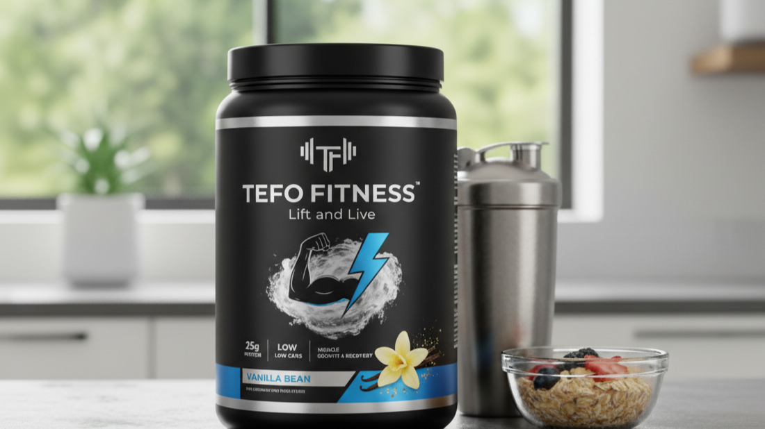 A Tefo Fitness protein powder container labeled vanilla bean sits on a kitchen counter next to a shaker bottle and a bowl of oatmeal, symbolizing healthy protein nutrition and muscle recovery.