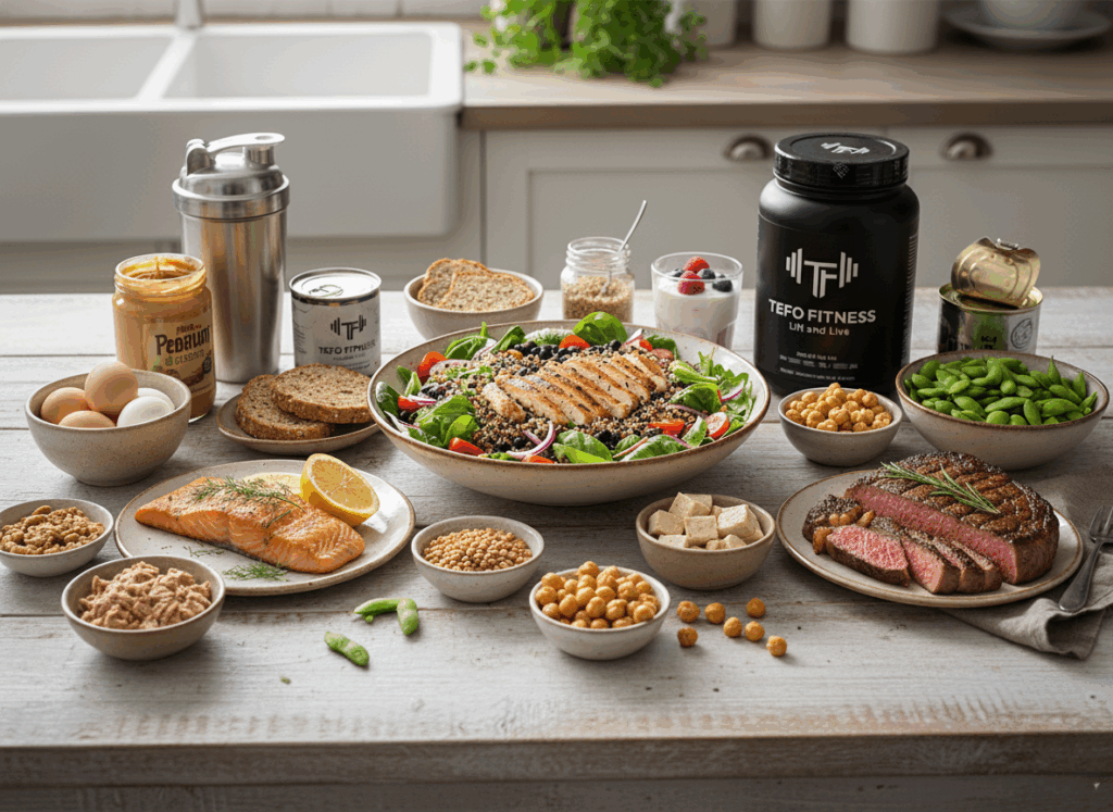 A variety of high-protein foods including salmon, chicken, eggs, tofu, beans, and a Tefo Fitness protein powder container displayed on a kitchen counter, highlighting natural and supplemental protein sources for a healthy diet.