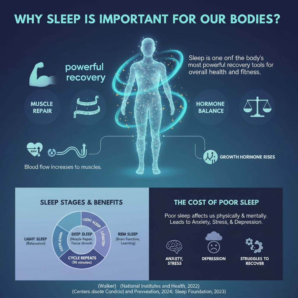 Infographic explaining why sleep is important for health and fitness, showing how deep sleep supports muscle repair, hormone balance, recovery, and mental health.