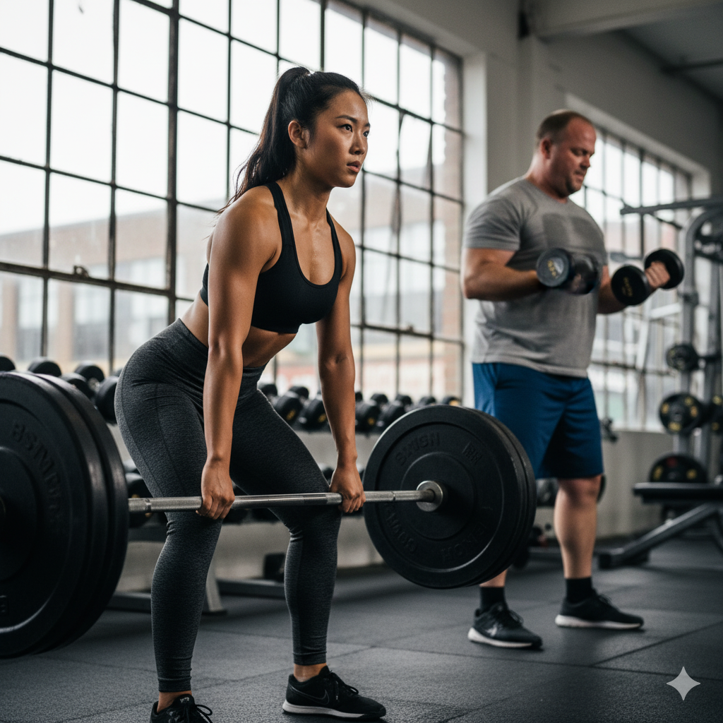 Woman performing a barbell deadlift in a gym while another person lifts dumbbells, demonstrating strength and resistance training as part of the best type of training for overall fitness.