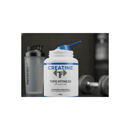 Tefo Fitness creatine supplement bottle showing creatine benefits for muscle growth, strength, and performance
