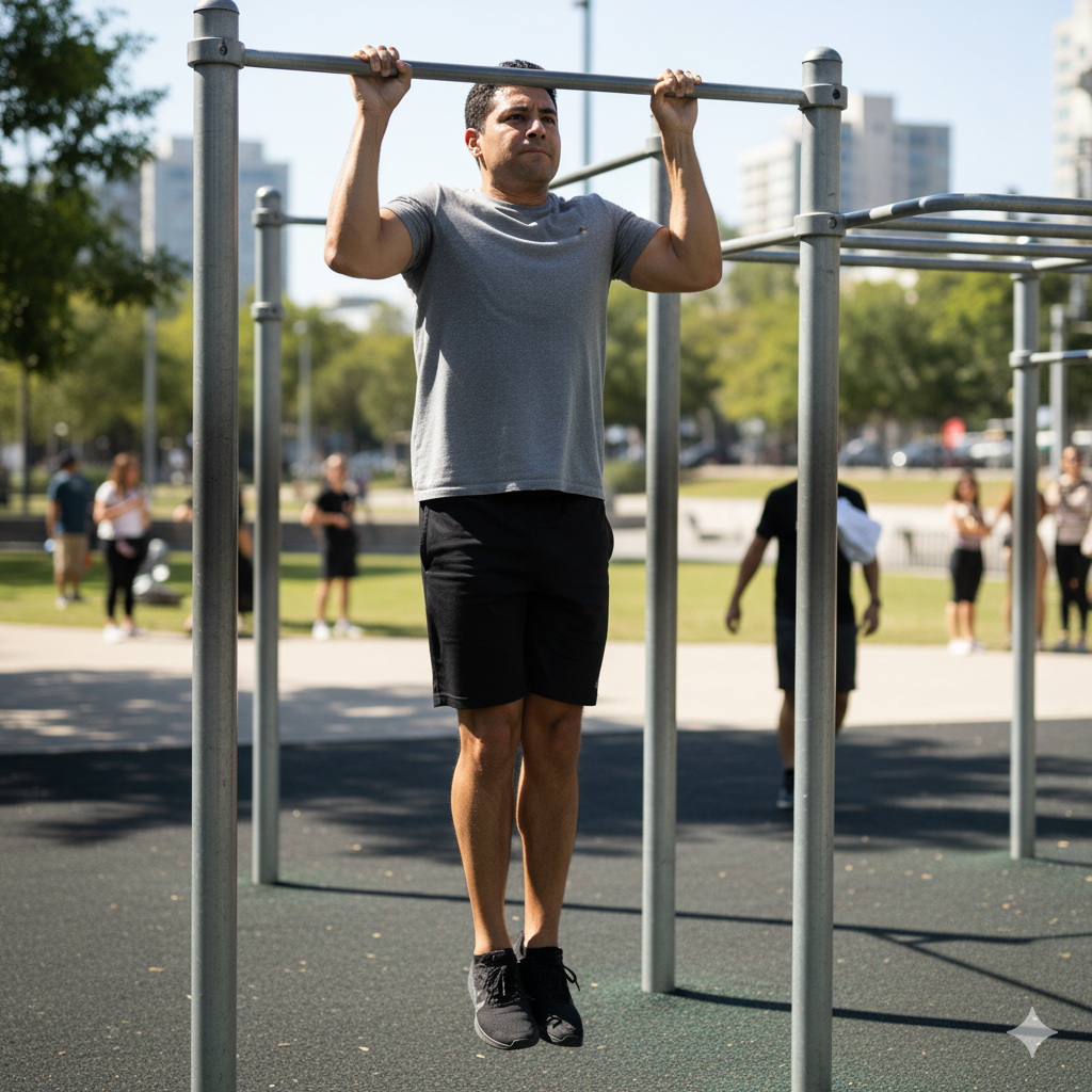 Man performing a pull-up on outdoor bars during a functional calisthenics workout, demonstrating strength, control, and bodyweight training