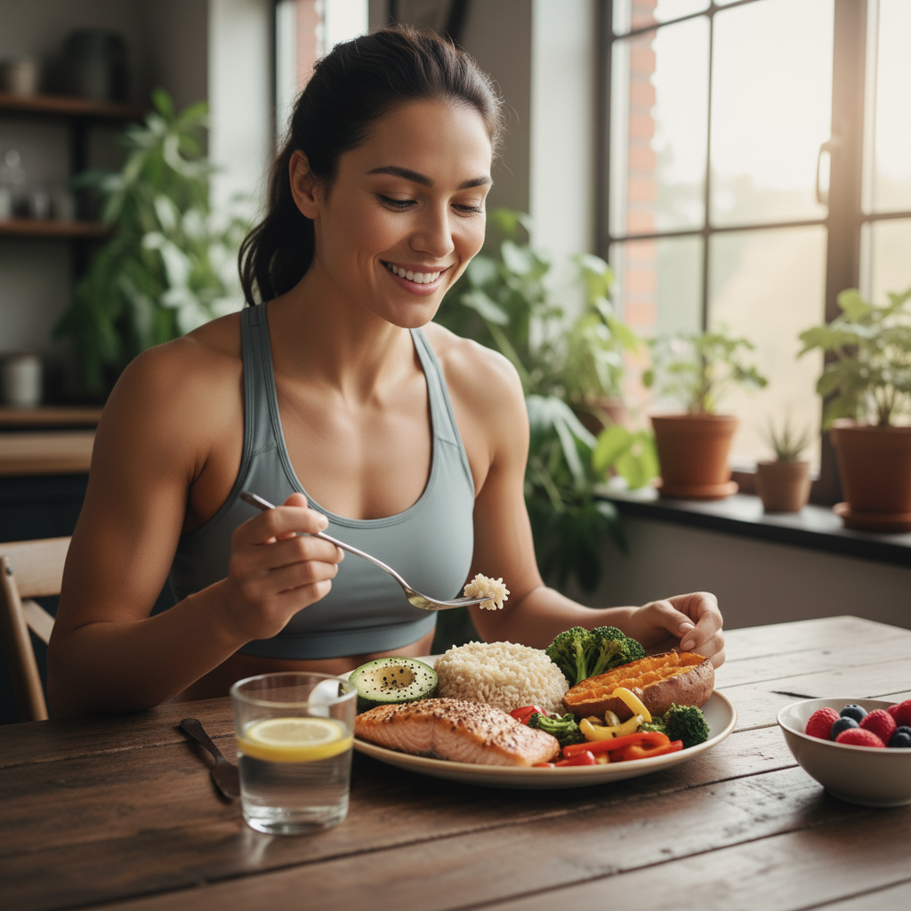 Are carbs bad for you? A woman enjoying a healthy, balanced meal with carbs, proteins, and fats.