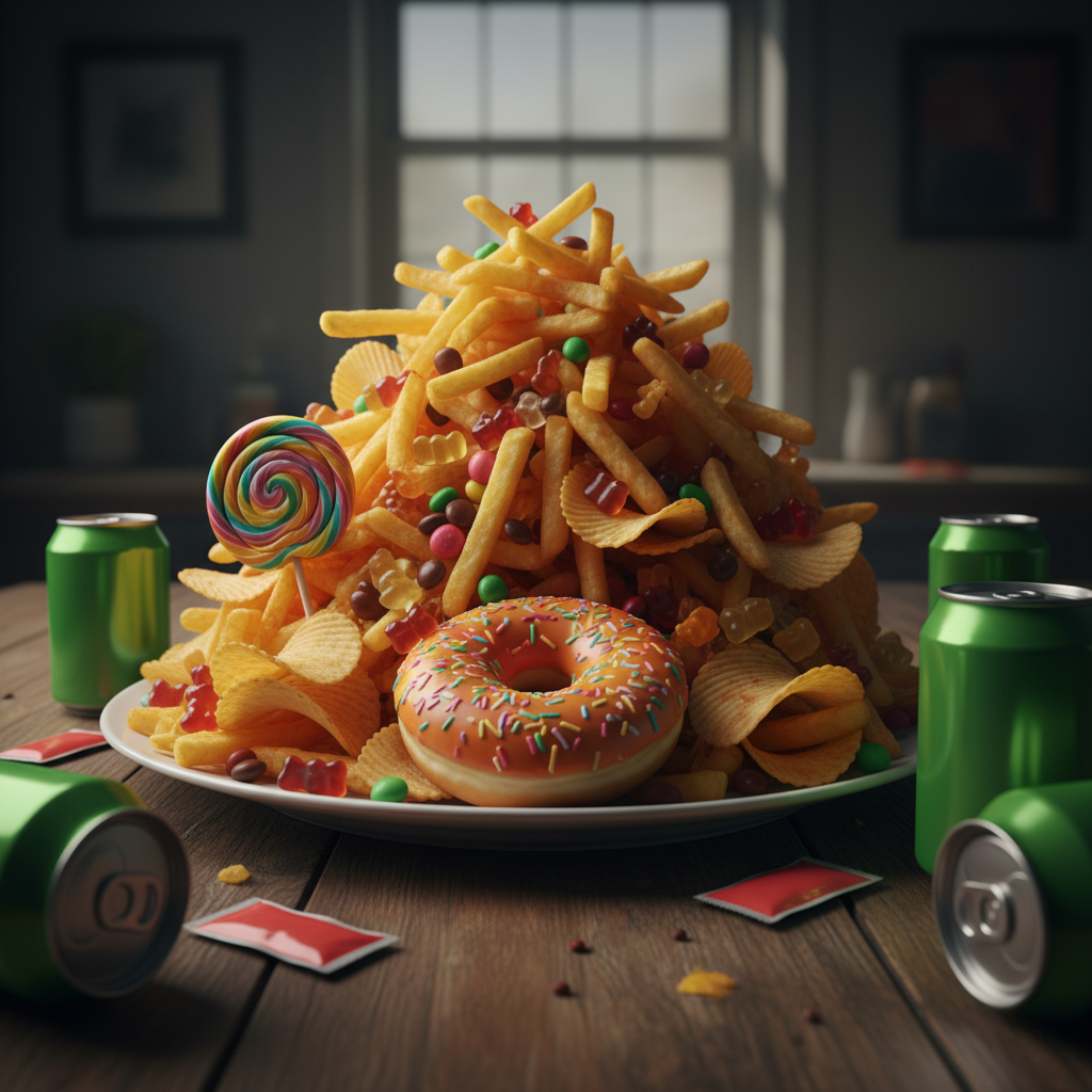 Plate of processed carbs foods including fries, candy, soda, and a donut representing common carb myths