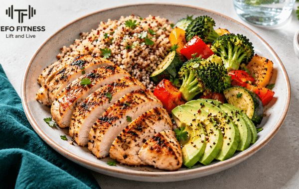 Example of how to build a high-protein meal with grilled chicken, quinoa, vegetables, and avocado.