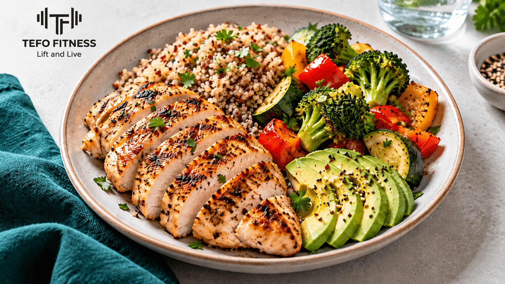 Example of how to build a high-protein meal with grilled chicken, quinoa, vegetables, and avocado.
