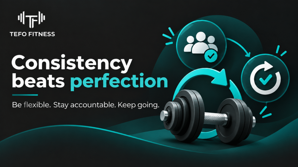 Tefo Fitness graphic showing a dumbbell, circular arrows, and accountability icons with the headline “Consistency beats perfection.”