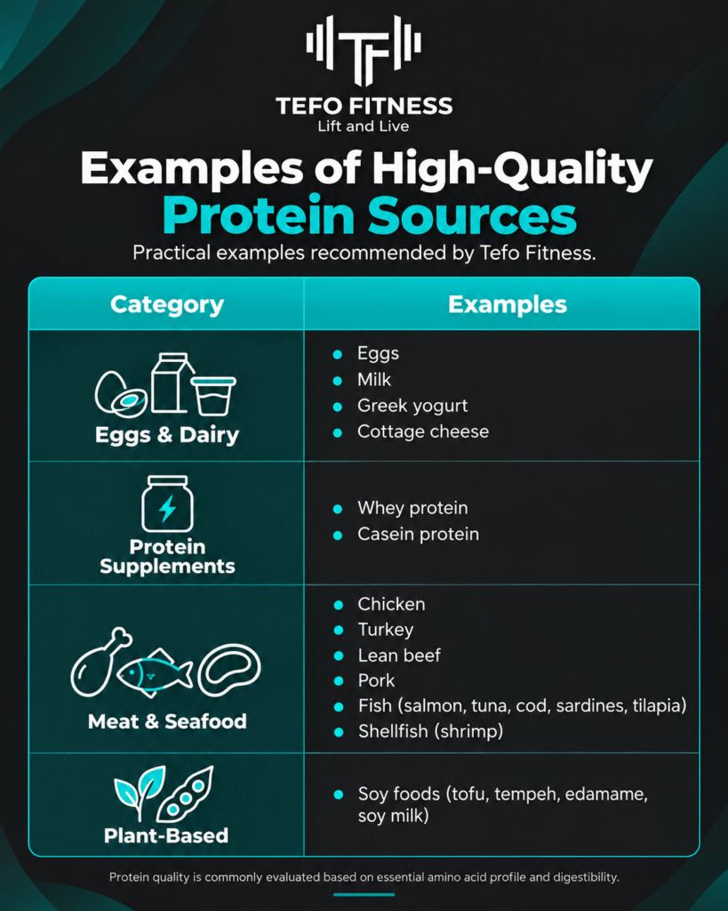 Infographic showing high-quality protein sources for how to build a high-protein meal, including eggs, dairy, whey, chicken, fish, lean meats, and soy foods.