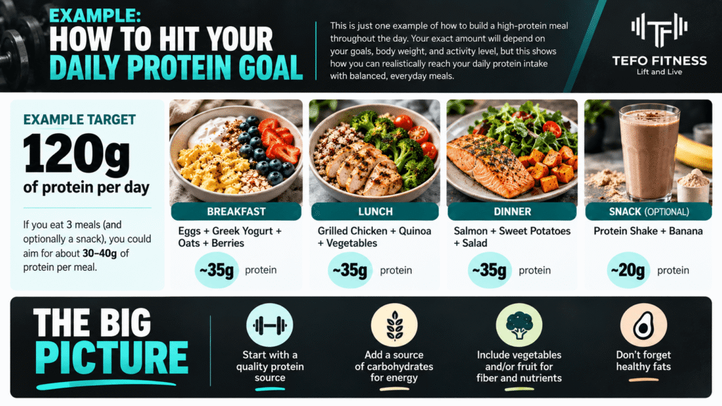 Tefo Fitness infographic showing how to build a high-protein meal throughout the day with breakfast, lunch, dinner, and a protein snack.