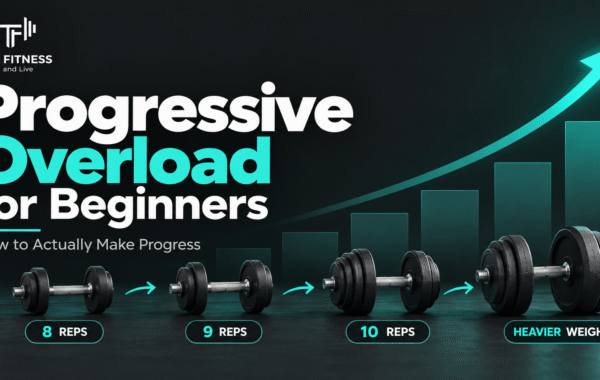 Progressive overload for beginners illustrated with increasing reps and heavier dumbbell weights over time.