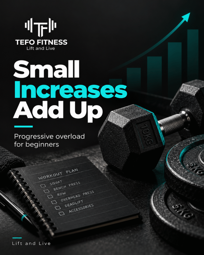 Dumbbells and a workout log illustrating how small increases add up with progressive overload.