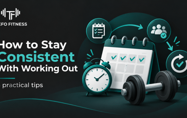 Tefo Fitness graphic about how to stay consistent with working out, featuring a workout calendar, alarm clock, dumbbell, and consistency icons.
